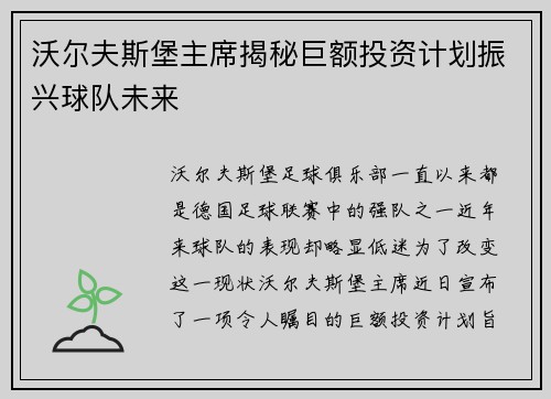 沃尔夫斯堡主席揭秘巨额投资计划振兴球队未来